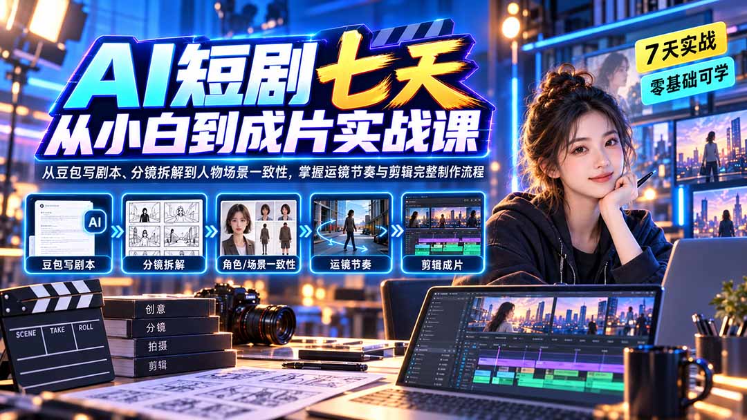 AI短剧七天从小白到成片实战课：从豆包写剧本、分镜拆解到人物场景一致性，掌握运镜节奏与剪辑完整制作流程|一人科技OPC聚合软件