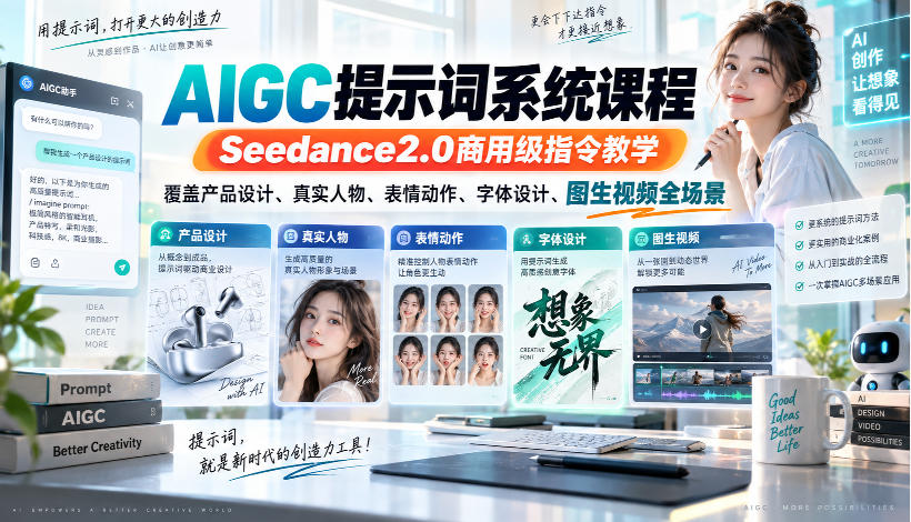 AIGC提示词系统课程，Seedance2.0商用级指令教学，覆盖产品设计、真实人物、表情动作、字体设计、图生视频全场景|一人科技OPC聚合软件