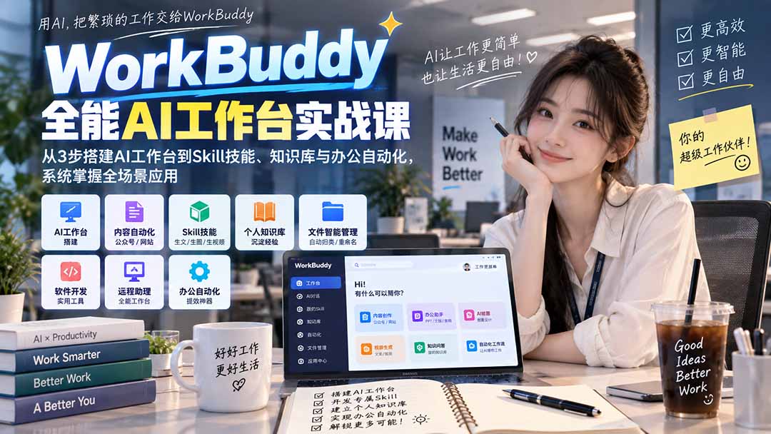 WorkBuddy全能AI工作台实战课：从3步搭建AI工作台到Skill技能、知识库与办公自动化，系统掌握全场景应用|一人科技OPC聚合软件