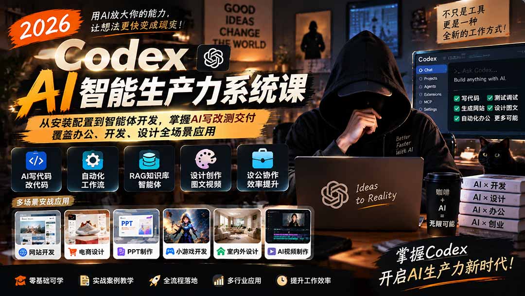2026 Codex AI智能生产力系统课-更新｜从安装配置到智能体开发，掌握AI写改测交付，覆盖办公、开发、设计全场景应用|一人科技OPC聚合软件