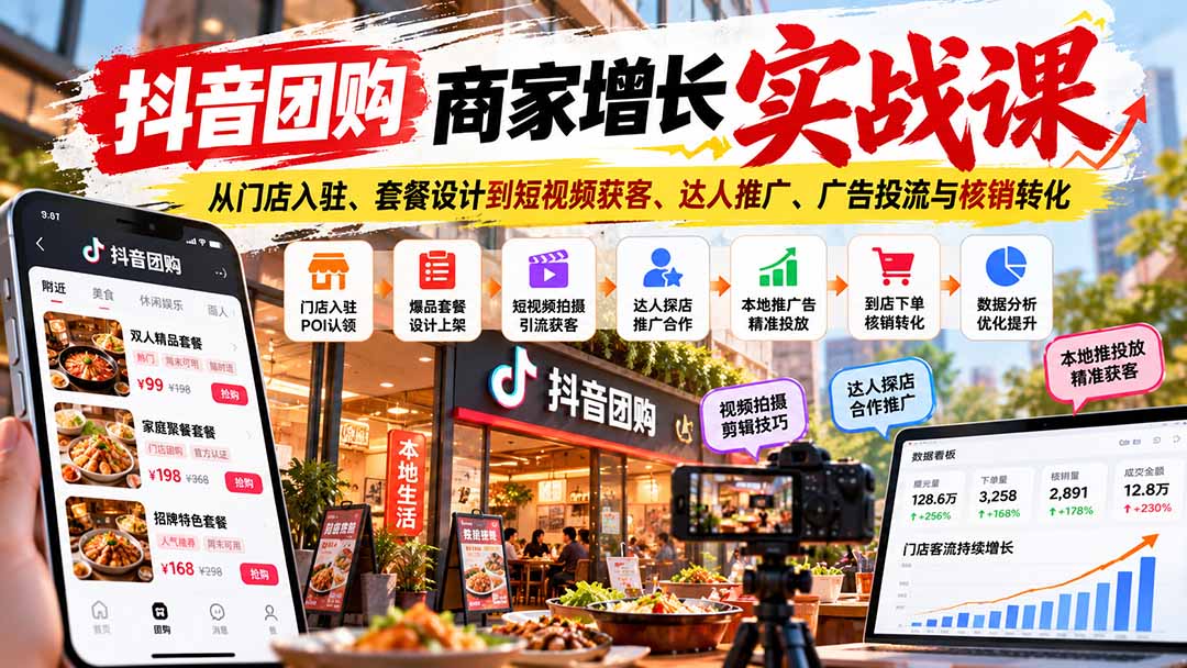 抖音团购商家增长实战课：从门店入驻、套餐设计到短视频获客、达人推广、广告投流与核销转化|一人科技OPC聚合软件