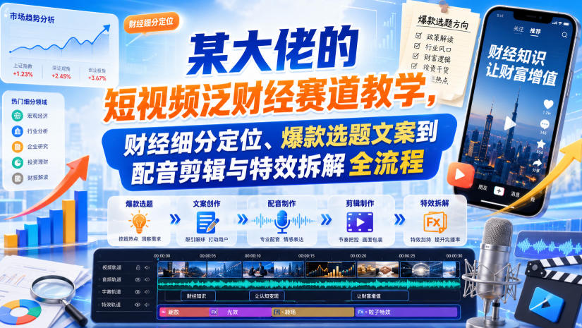 某大佬的短视频泛财经赛道教学，财经细分定位、爆款选题文案到配音剪辑与特效拆解全流程|一人科技OPC聚合软件
