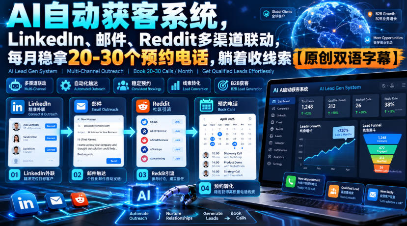 【无水印】AI自动获客系统，LinkedIn、邮件、Reddit多渠道联动，每月稳拿20-30个预约电话，躺着收线索【原创双语字幕】|一人科技OPC聚合软件