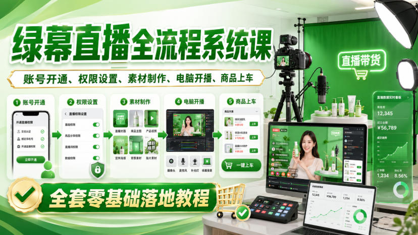 绿幕直播全流程系统课，账号开通、权限设置、素材制作、电脑开播、商品上车全套零基础落地教程|一人科技OPC聚合软件