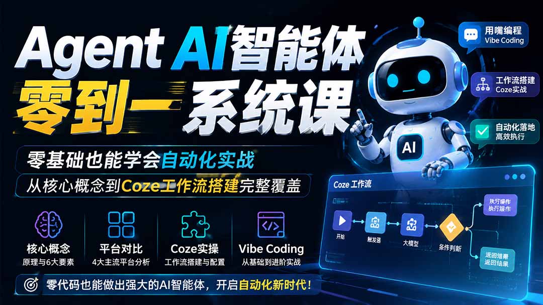 Agent AI智能体零到一系统课；零基础也能学会自动化实战，从核心概念到Coze工作流搭建完整覆盖|一人科技OPC聚合软件