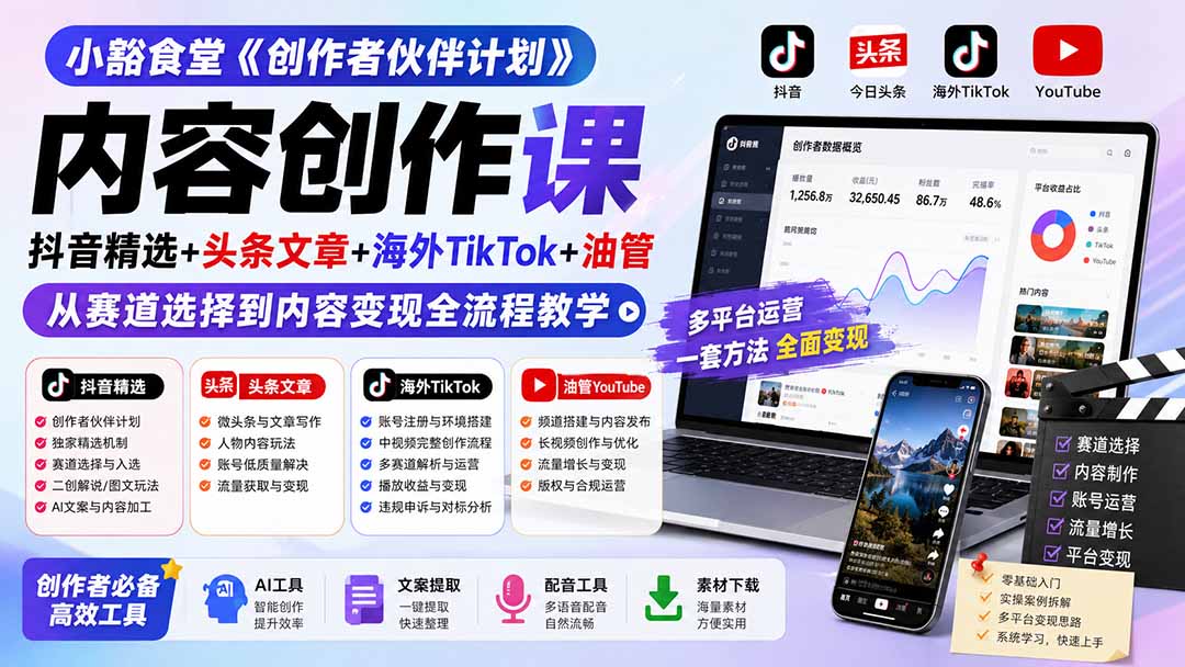 小豁食堂《创作者伙伴计划》内容创作课：抖音精选+头条文章+海外TikTok+油管，从赛道选择到内容变现全流程教学|一人科技OPC聚合软件