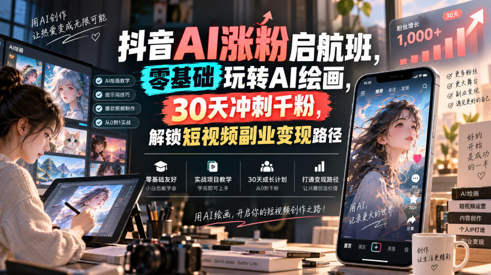 抖音AI涨粉启航班，零基础玩转AI绘画，30天冲刺千粉，解锁短视频副业变现路径|一人科技OPC聚合软件