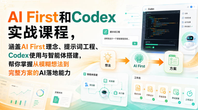AI First和Codex实战课，涵盖AI First理念、提示词工程、Codex使用与智能体搭建，掌握从模糊想法到完整方案的AI落地能力|一人科技OPC聚合软件