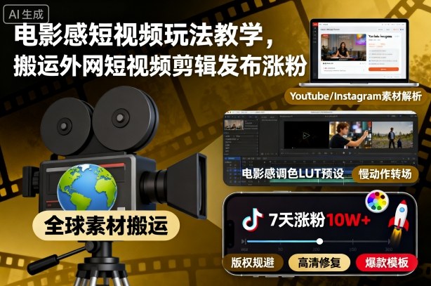 电影感短视频玩法教学，搬运外网短视频剪辑发布涨粉|HOOK协议网