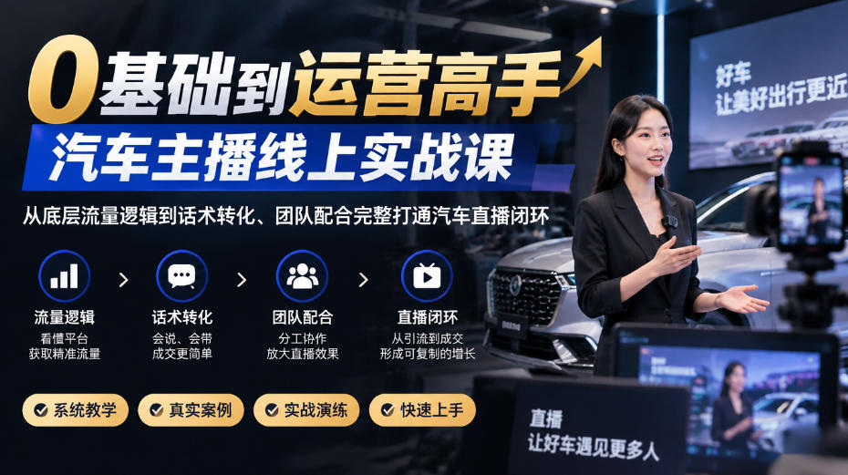 0基础到运营高手，汽车主播线上实战课，从底层流量逻辑到话术转化、团队配合完整打通汽车直播闭环|一人科技OPC聚合软件