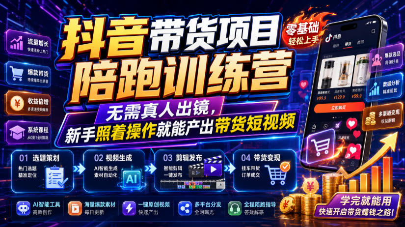 抖音带货项目陪跑训练营，无需真人出镜，新手照着操作就能产出带货短视频|一人科技OPC聚合软件