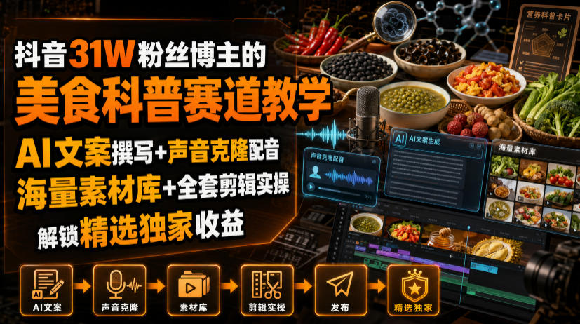 抖音31W粉丝博主的美食科普赛道教学，AI文案撰写+声音克隆配音+剪辑实操，解锁精选独家收益|一人科技OPC聚合软件