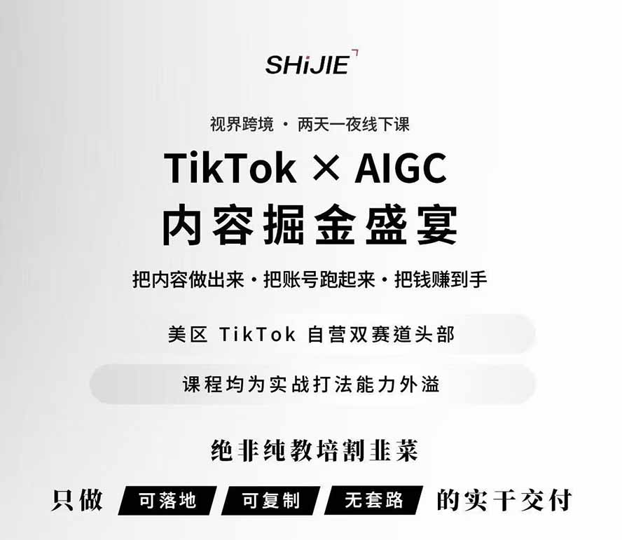 图片[1]|AIGC×TikTok美区短视频带货线下课；两天一夜完整回放，12小时高清视频收录头部操盘手全流程教学|一人科技OPC聚合软件