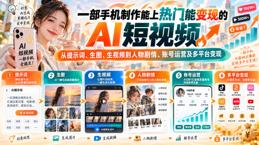 【无水印】一部手机制作能上热门能变现的AI短视频，从提示词、生图、生视频到人物剧情、账号运营及多平台变现(更新)|一人科技OPC聚合软件