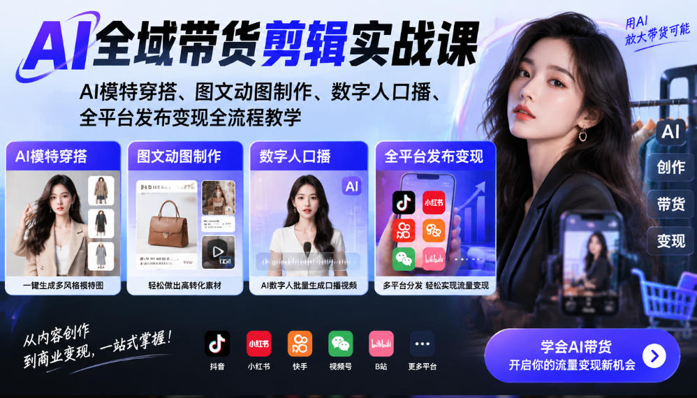AI全域带货剪辑实战课｜AI模特穿搭、图文动图制作、数字人口播、全平台发布变现全流程教学|一人科技OPC聚合软件