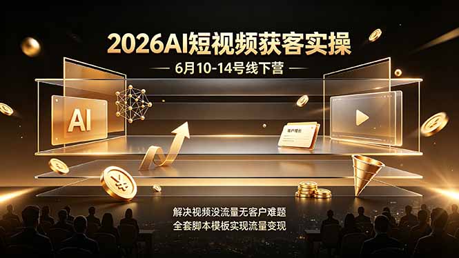 2026AI短视频获客实操6月10-14号线下营，解决视频没流量无客户难题，全套脚本模板实现流量变现|一人科技OPC聚合软件