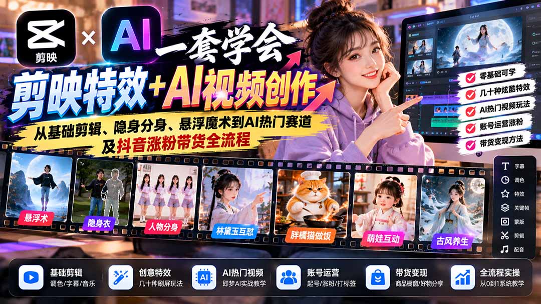一套学会剪映特效+AI视频创作：从基础剪辑、隐身分身、悬浮魔术到AI热门赛道及抖音涨粉带货全流程|一人科技OPC聚合软件