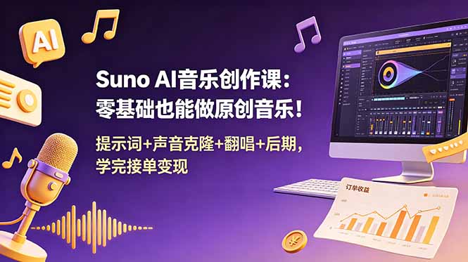 Suno AI音乐创作课：零基础也能做原创音乐！提示词+声音克隆+翻唱+后期，学完接单变现|一人科技公司导航