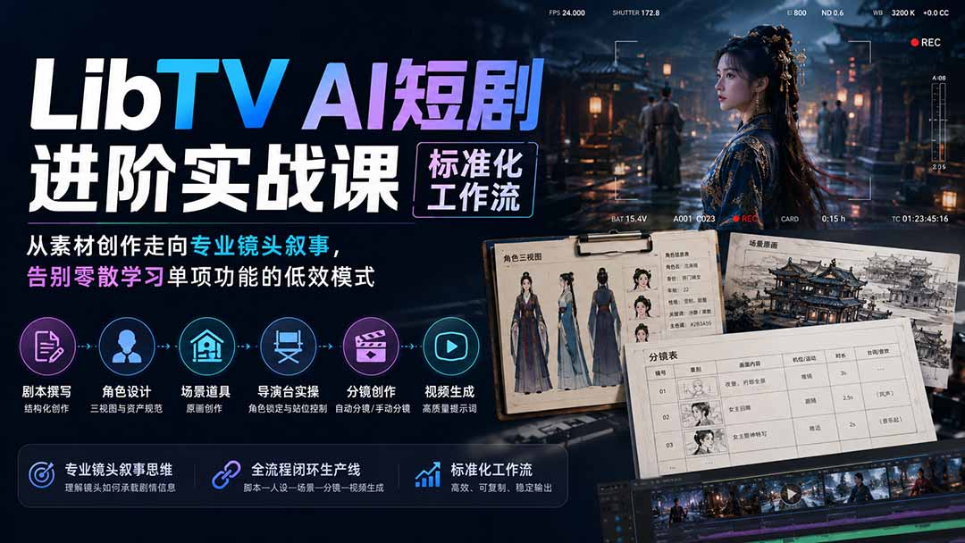 LibTV AI短剧进阶实操课标准化工作流；从素材创作走向专业镜头叙事，告别零散学习单项功能的低效模式|一人科技OPC聚合软件