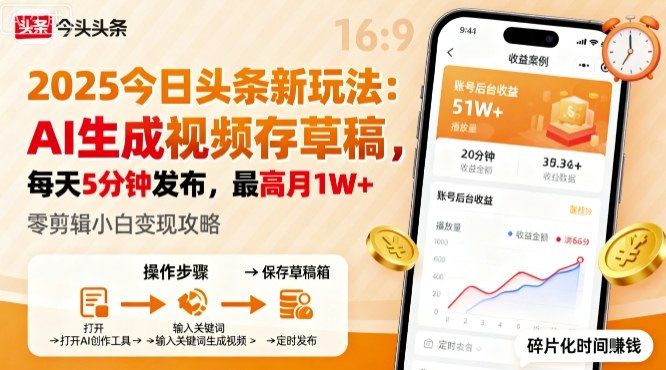 2025年今日头条躺賺新玩法，AI生成视频存草稿，每天5分钟发布，最高月1W+【揭秘】|HOOK协议网