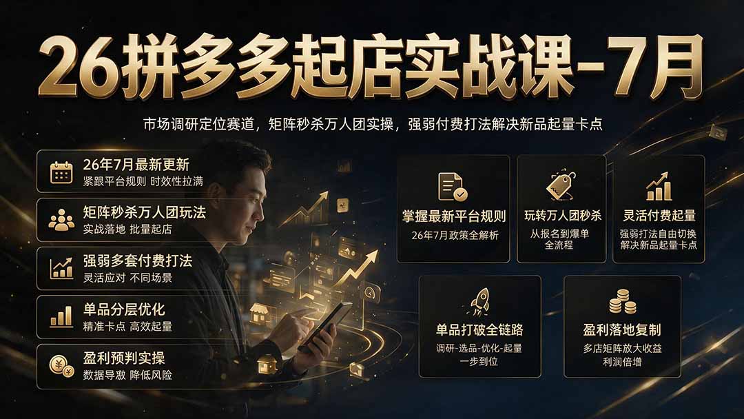26拼多多起店实战课-7月｜市场调研定位赛道，矩阵秒杀万人团实操，强弱付费打法解决新品起量卡点|一人科技OPC聚合软件