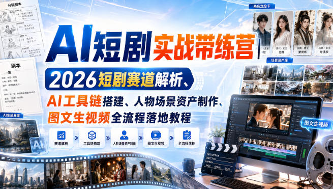 AI短剧实战带练营｜2026短剧赛道解析、AI工具链搭建、人物场景资产制作、图文生视频全流程落地教程|一人科技OPC聚合软件