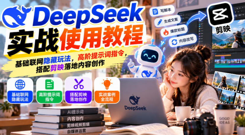 DeepSeek实战使用教程｜基础联网隐藏玩法，高阶提示词指令，搭配剪映落地内容创作|一人科技OPC聚合软件