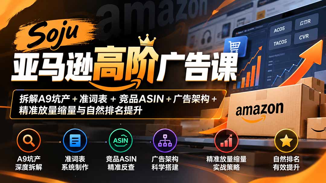 Soju亚马逊高阶广告课：拆解A9坑产+准词表+竞品ASIN+广告架构+精准放量缩量与自然排名提升|一人科技OPC聚合软件