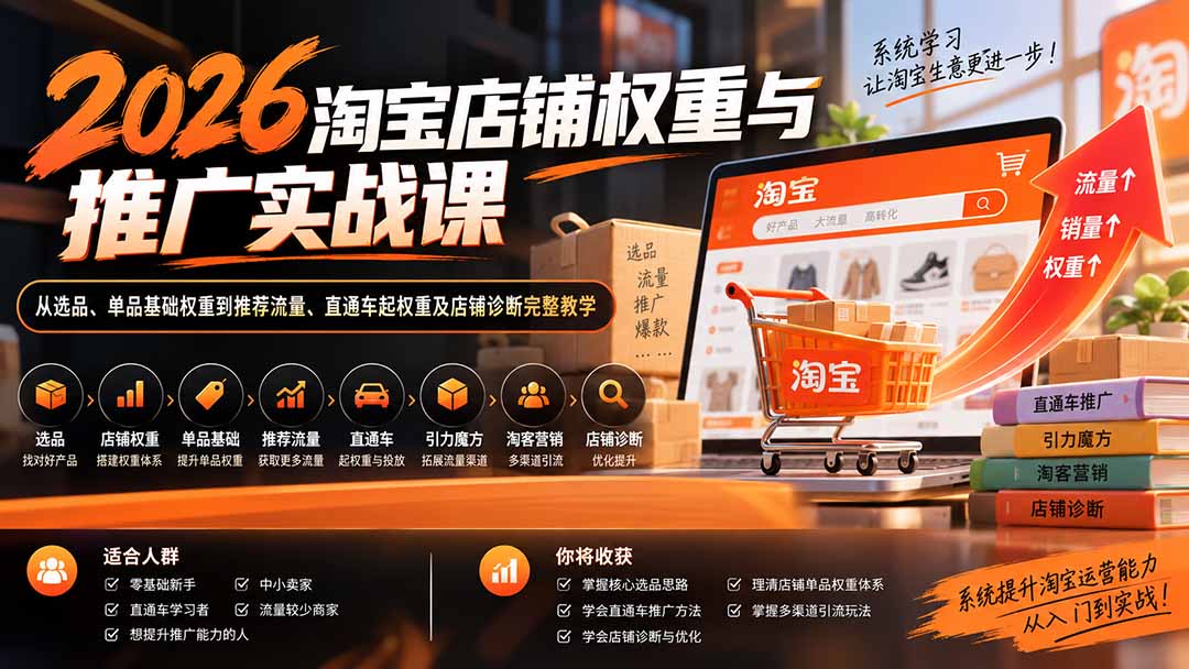 2026淘宝店铺权重与推广实战课：从选品、单品基础权重到推荐流量、直通车起权重及店铺诊断完整教学|一人科技OPC聚合软件