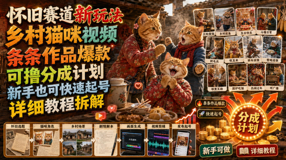 怀旧赛道新玩法，乡村猫咪视频，条条作品爆款，可撸分成计划，新手也可快速起号，详细教程拆解|一人科技OPC聚合软件