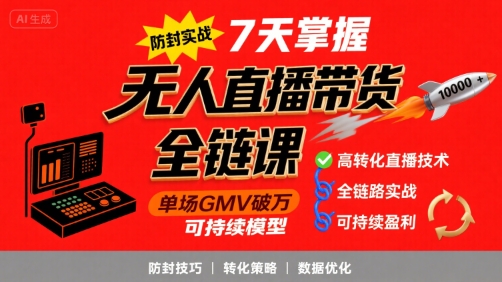 无人直播带货全链防封实战课，7天掌握高转化直播技术，实现单场GMV破万可持续模型|HOOK协议网