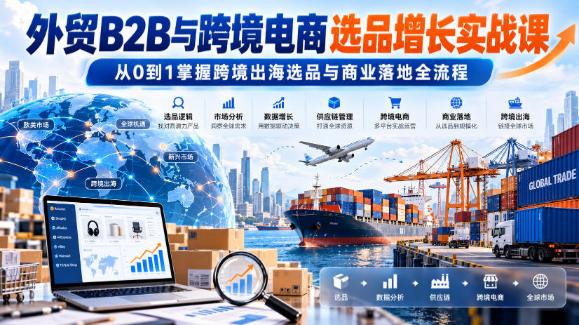 外贸B2B与跨境电商选品增长实战课，从0到1掌握跨境出海选品与商业落地全流程|一人科技OPC聚合软件