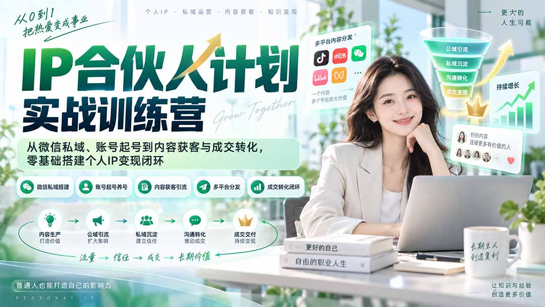 IP合伙人计划实战训练营-更新：从微信私域、账号起号到内容获客与成交转化，零基础搭建个人IP变现闭环|一人科技OPC聚合软件