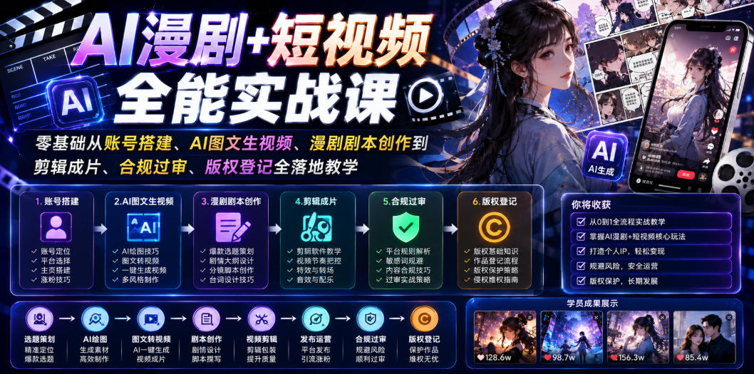 AI漫剧+短视频全能实战课｜零基础从账号搭建、AI图文生视频、漫剧剧本创作到剪辑成片、合规过审、版权登记全落地教学|一人科技OPC聚合软件