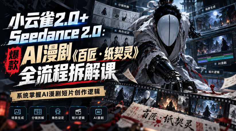 小云雀2.0+Seedance 2.0：爆款AI漫剧《百匠・纸契灵》全流程拆解课，系统掌握AI漫剧短片创作逻辑|一人科技OPC聚合软件