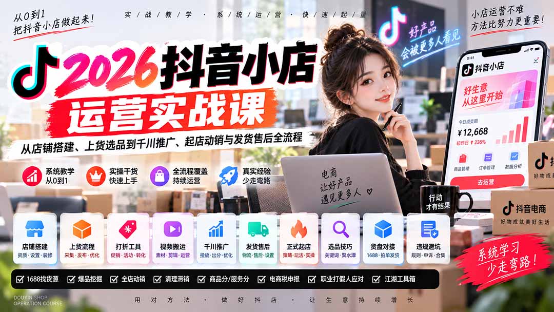 2026抖音小店运营实战课｜从店铺搭建、上货选品到千川推广、起店动销与发货售后全流程|一人科技OPC聚合软件