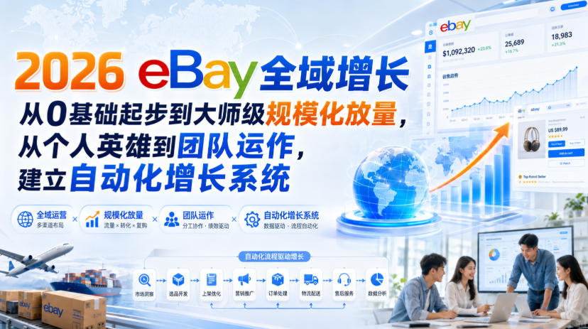 2026 eBay全域增长，从0基础起步到大师级规模化放量，从个人英雄到团队运作，建立自动化增长系统|一人科技OPC聚合软件