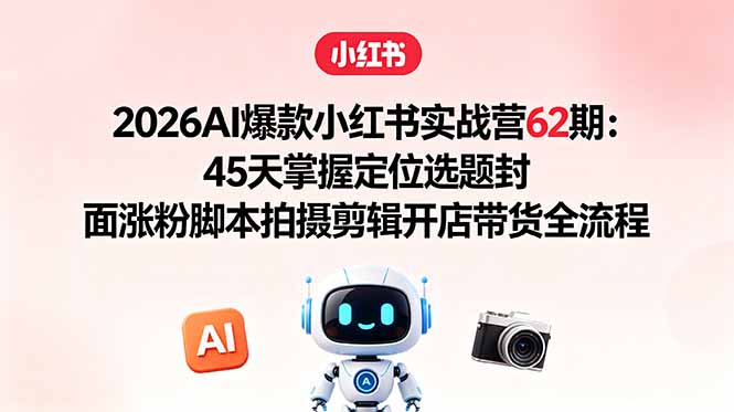 2026AI爆款小红书实战营62期：45天掌握定位选题封面涨粉脚本拍摄剪辑开店带货全流程|一人科技公司导航