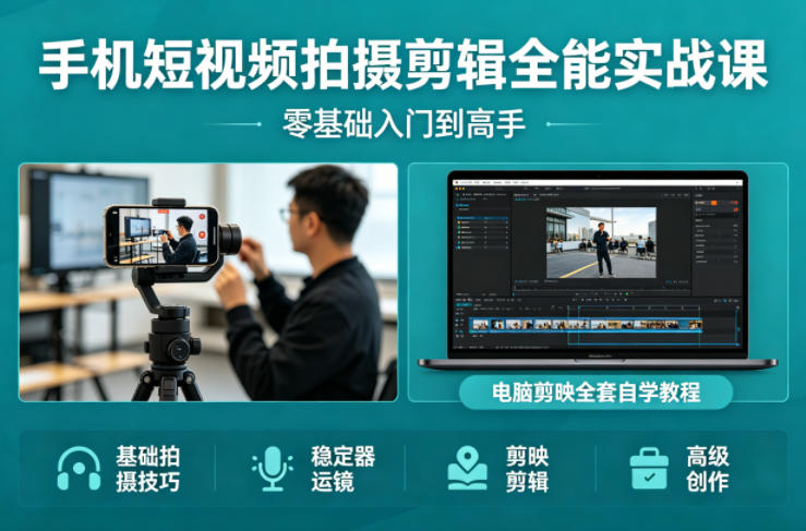 手机短视频拍摄剪辑全能实战课：零基础入门到高手，稳定器运镜+电脑剪映全套自学教程|协议软件打粉软件