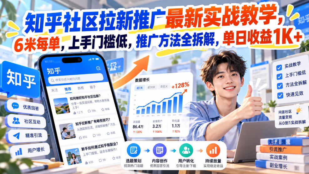 知乎社区拉新推广最新实战教学,6米每单,上手门槛低,推广方法全拆解,单日收益1K+!(更新1021)