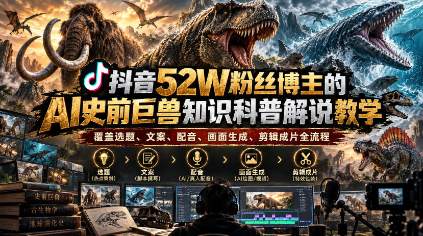 抖音52W粉丝博主的AI史前巨兽知识科普解说教学，覆盖选题、文案、配音、画面生成、剪辑成片全流程|一人科技OPC聚合软件