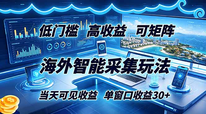 海外智能采集玩法，低门槛高单价可矩阵，当天可见收益，单窗口30+|一人科技公司导航