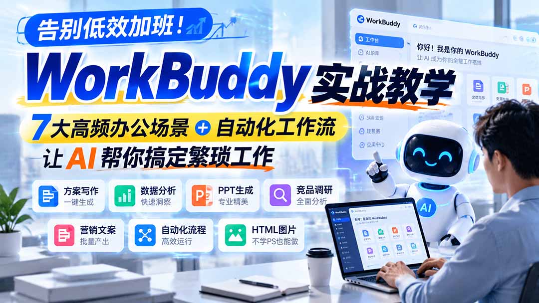 告别低效加班！WorkBuddy实战教学，7大高频办公场景＋自动化工作流，让AI帮你搞定繁琐工作|一人科技OPC聚合软件