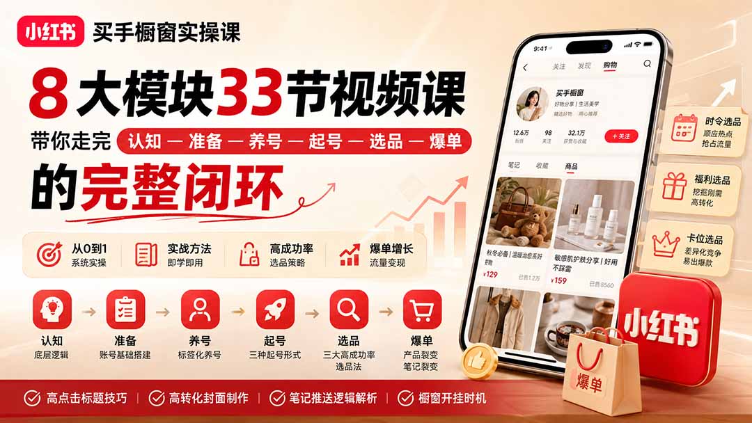 小红书买手橱窗实操课：8大模块33节视频课，带你走完”认知—准备—养号—起号—选品—爆单”的完整闭环|一人科技OPC聚合软件