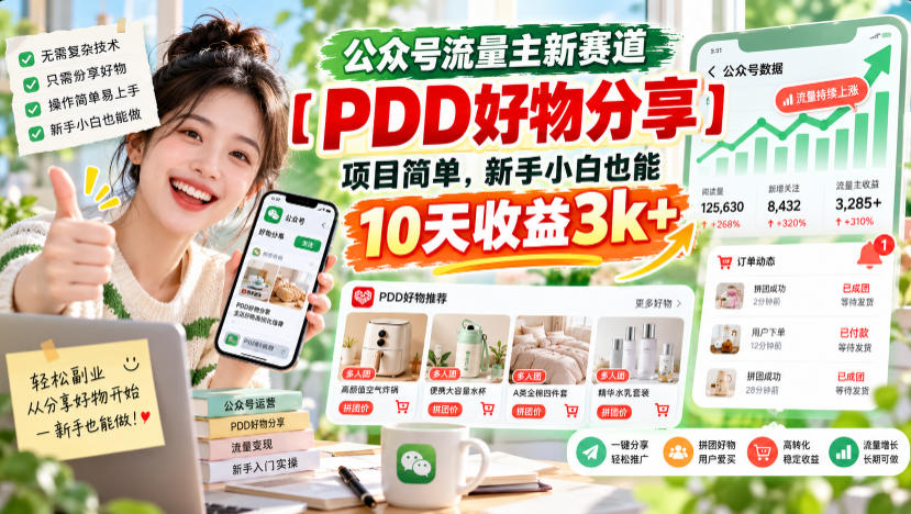 公众号流量主新赛道【PDD好物分享】，项目简单，新手小白也能10天收益3k+|一人科技OPC聚合软件