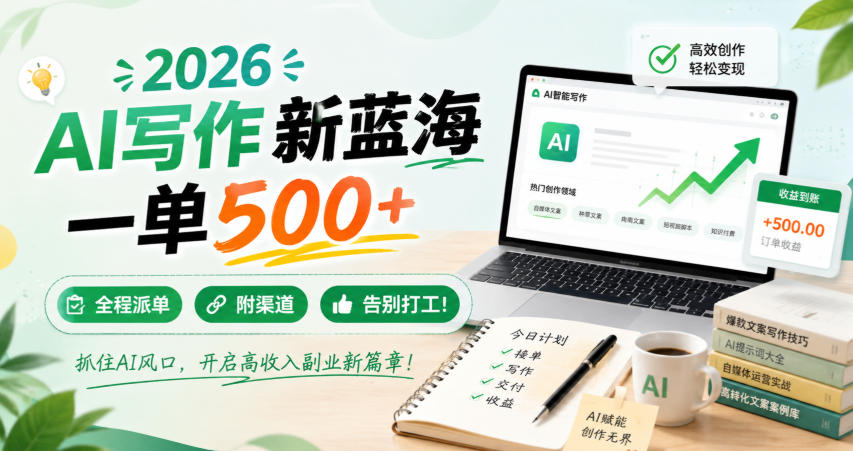 2026 AI写作新蓝海，一单500+，全程派单，附渠道，告别打工！【揭秘】|一人科技OPC聚合软件