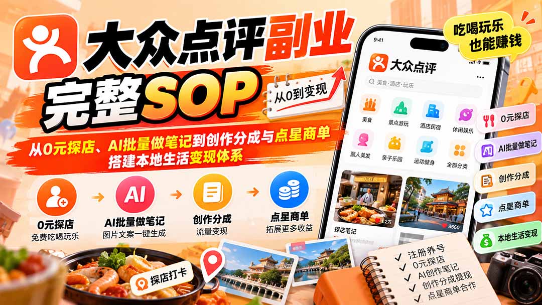 【无水印】大众点评副业完整SOP：从0元探店、AI批量做笔记到创作分成与点星商单，搭建本地生活变现体系|一人科技OPC聚合软件