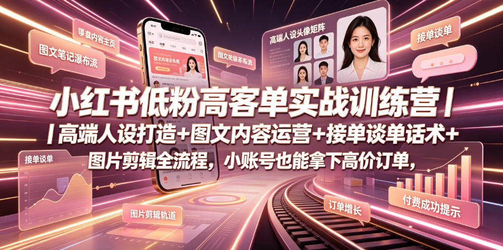 小红书低粉高客单实战训练营｜高端人设打造+图文内容运营+接单谈单话术+图片剪辑全流程，小账号也能拿下高价订单|一人科技OPC聚合软件