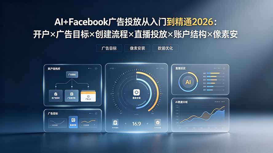AI+Facebook广告投放从入门到精通2026：开户×广告目标×创建流程×直播投放×账户结构×像素安装×AI赋能|一人科技OPC聚合软件