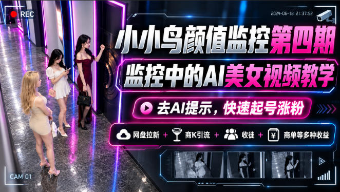 小小鸟颜值监控第四期，监控中的AI美女视频教学，去AI提示，快速起号涨粉，网盘拉新+商K引流+收徒+商单等多种收益|一人科技OPC聚合软件